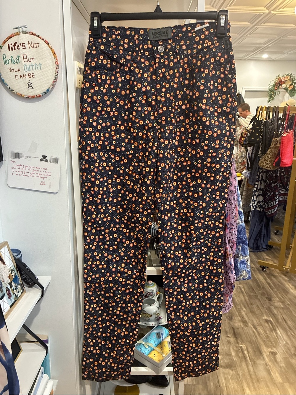 Versace Jeans Couture Black Pants with Orange and Cream Floral Dot Print